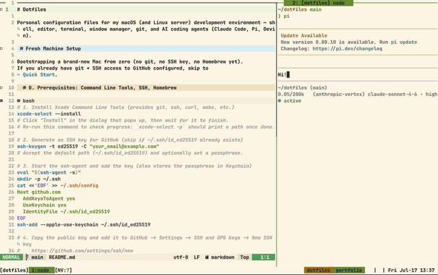 Ghostty terminal with tmux showing agent status in the statusline and multiple panes