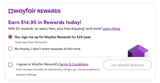 Representative Wayfair Rewards checkout enrollment component showing reward value, enrollment choices, terms, and CTA