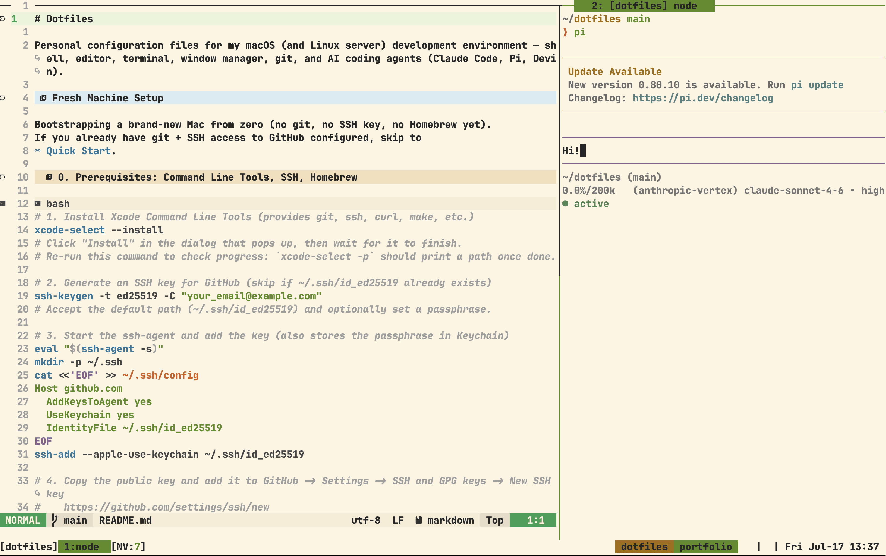 Ghostty terminal with tmux showing agent status in the statusline and multiple panes