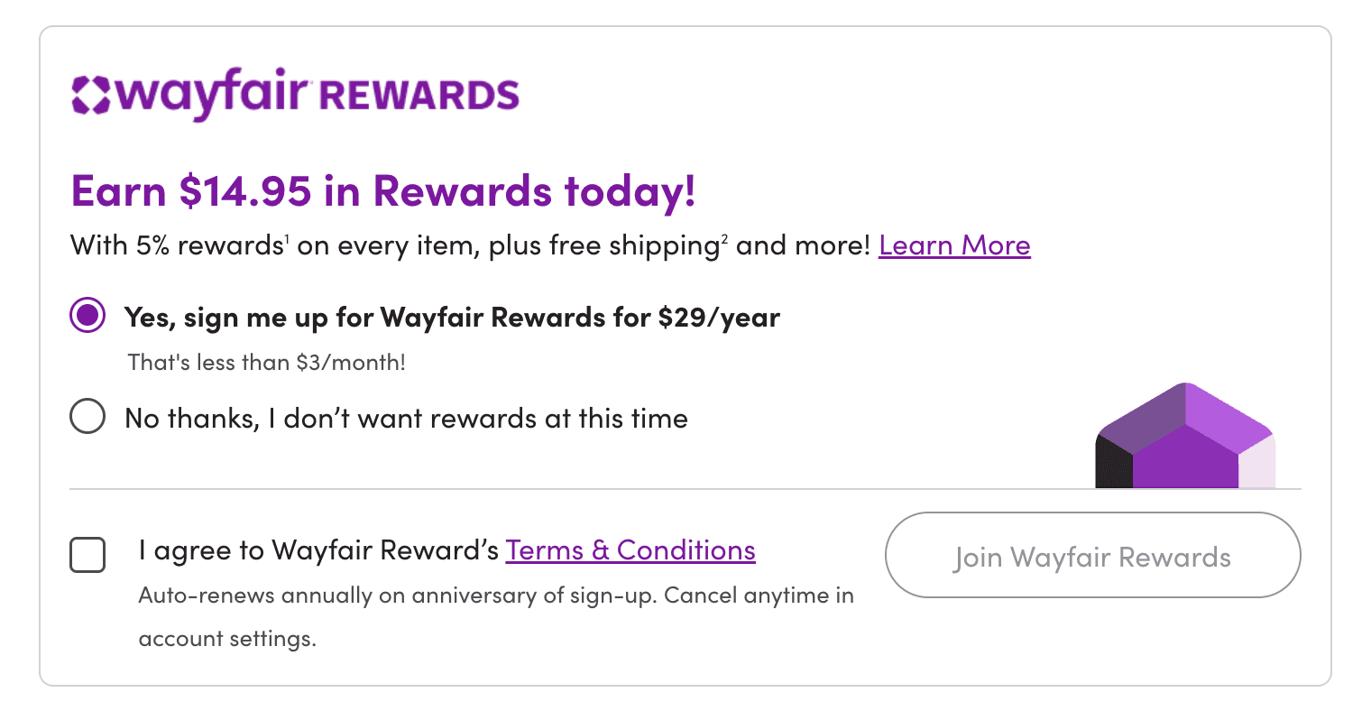 Representative Wayfair Rewards checkout enrollment component showing reward value, enrollment choices, terms, and CTA