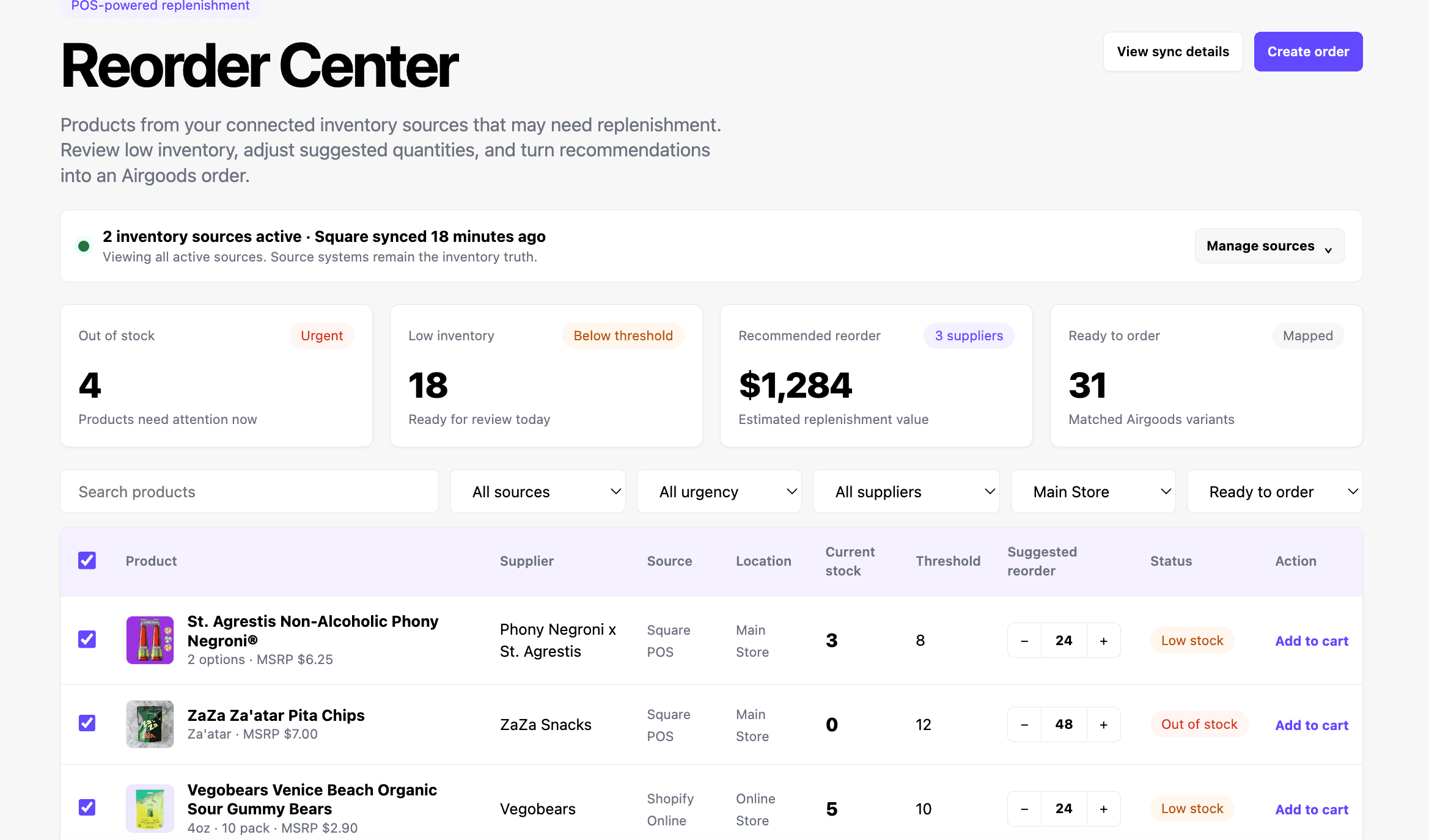 Airgoods Reorder Center — POS-powered replenishment dashboard