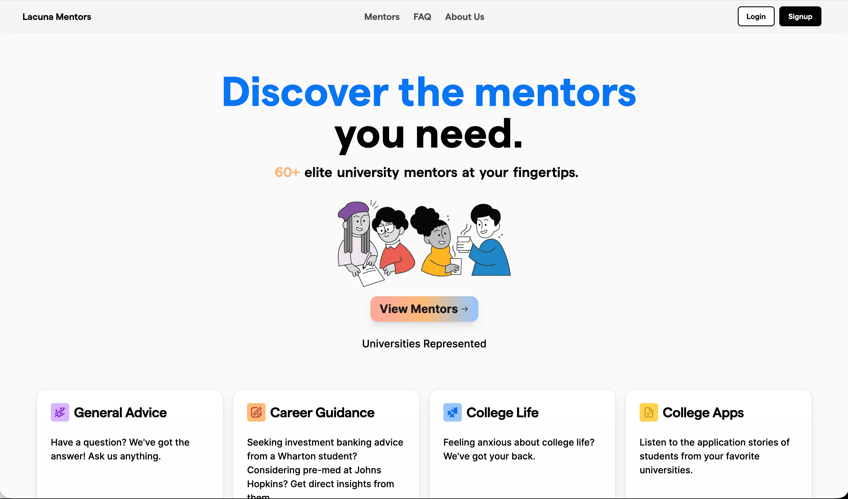 Lacuna Mentors landing page — "Discover the mentors you need"